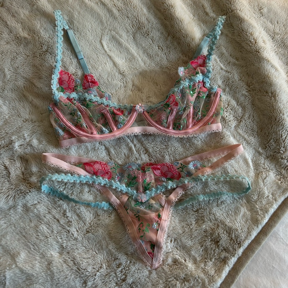 For Love And Lemons Floral Lace Bra Set in Pink and Blue